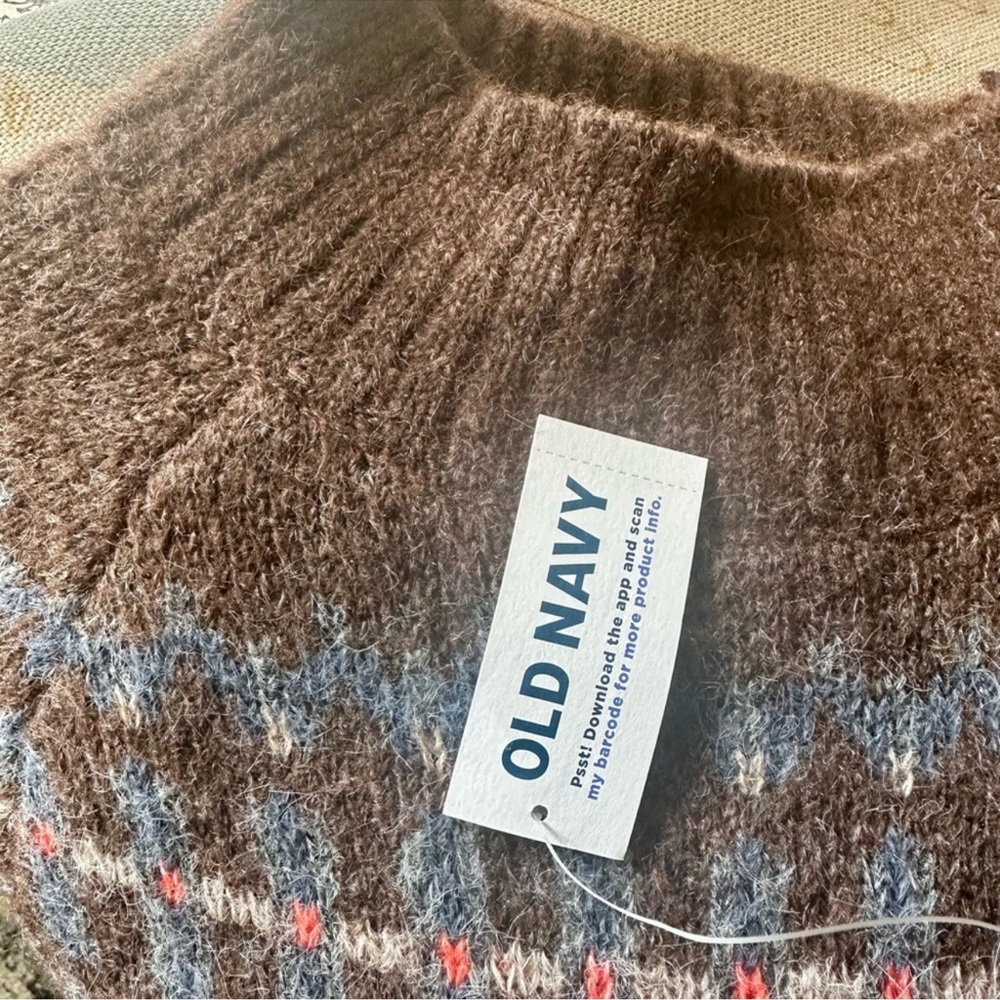 NWT Old Navy Brown Fair Isle Wool Blend Pullover Sweater w/ Blue Accents (14) - Picture 6 of 10